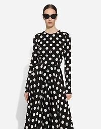 Charmeuse calf-length circle-skirt dress with polka-dot print