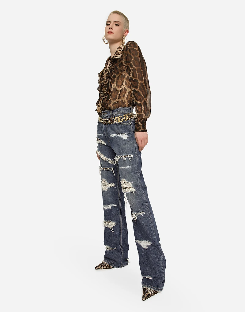 Leopard-print chiffon shirt with ruches