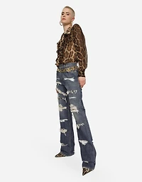 Leopard-print chiffon shirt with ruches