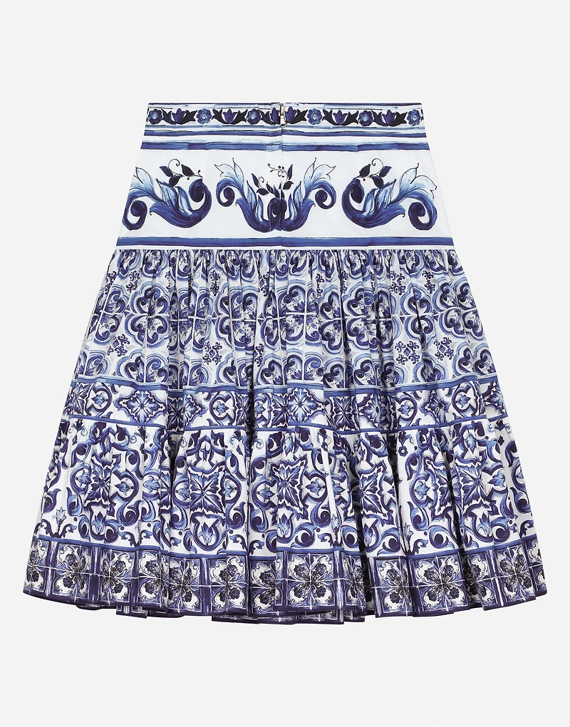 Long majolica-print poplin skirt