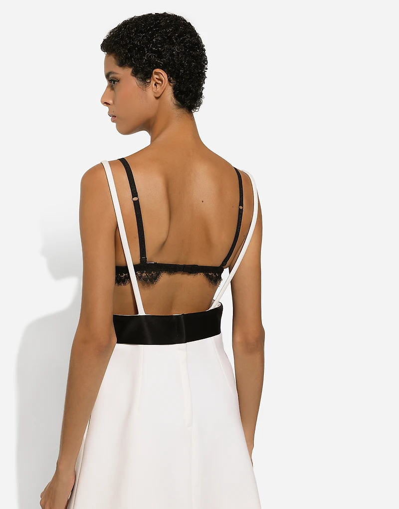 Short woolen dress with satin belt and straps