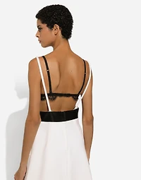 Short woolen dress with satin belt and straps