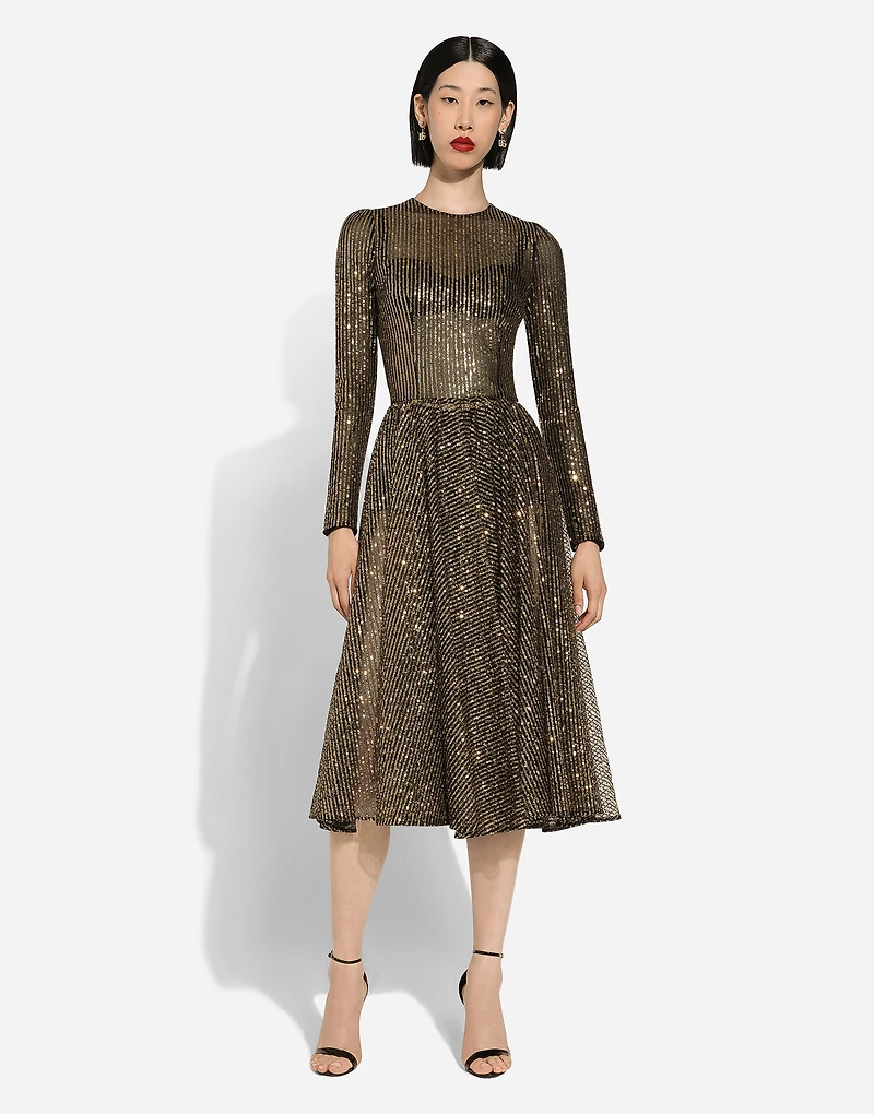 Long-sleeved sequined midi dress
