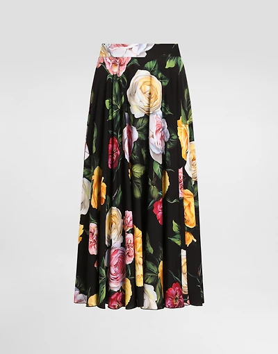 Peony and rose-print charmeuse calf-length circle skirt