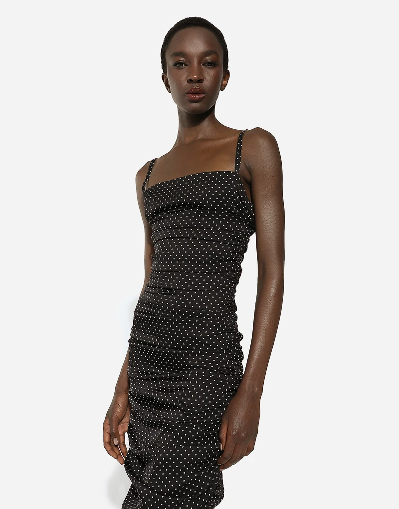 Charmeuse sheath dress with micro polka-dot print: