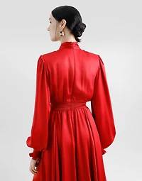 Silk satin shirt dress with pussy-bow