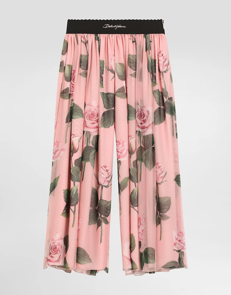 Chiffon pants with rose print and Dolce&Gabbana logo