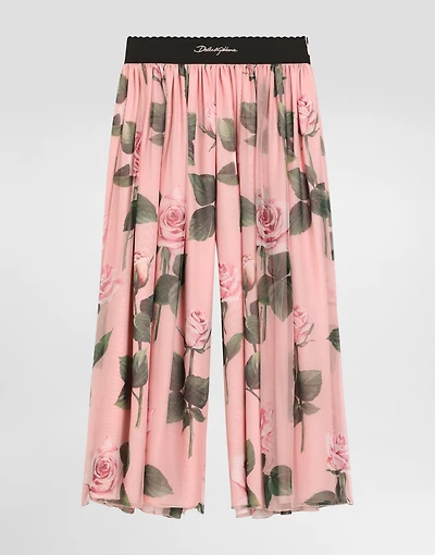 Chiffon pants with rose print and Dolce&Gabbana logo