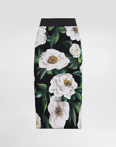 Calf-length stretch pencil skirt with gardenia print