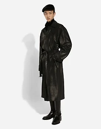 Leather trench coat with belt