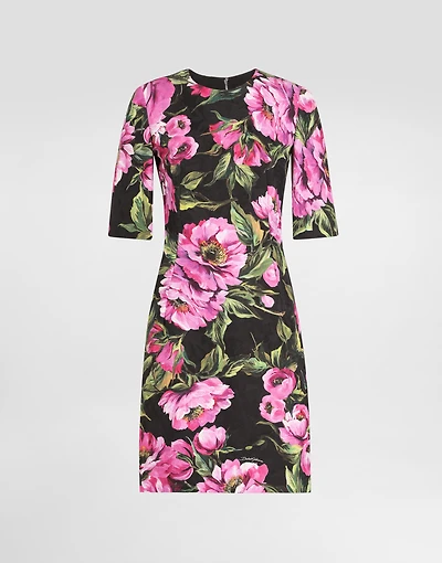 Fit-and-flare midi dress peony-print cotton