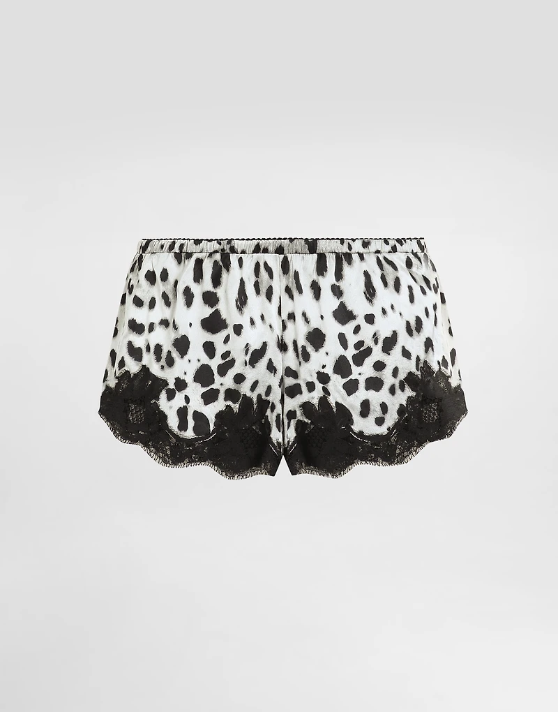 Leopard-print satin shorts with lace inserts