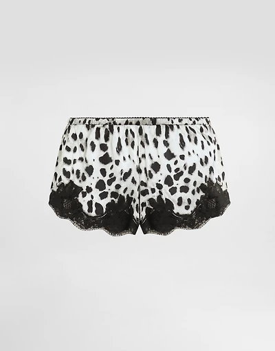 Leopard-print satin shorts with lace inserts
