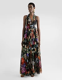 Flower bouquet-print long chiffon dress