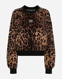 Round-neck chenille sweatshirt with jacquard leopard design