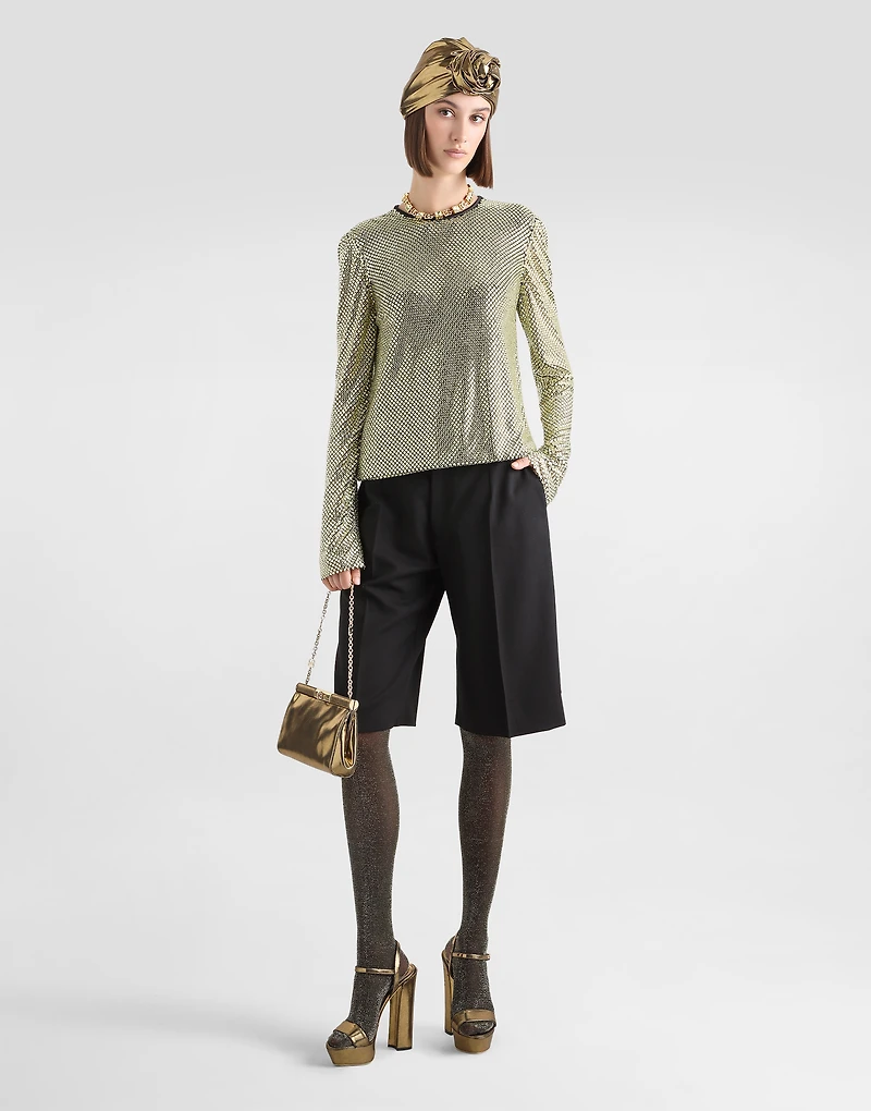 Long-sleeved top crystal mesh