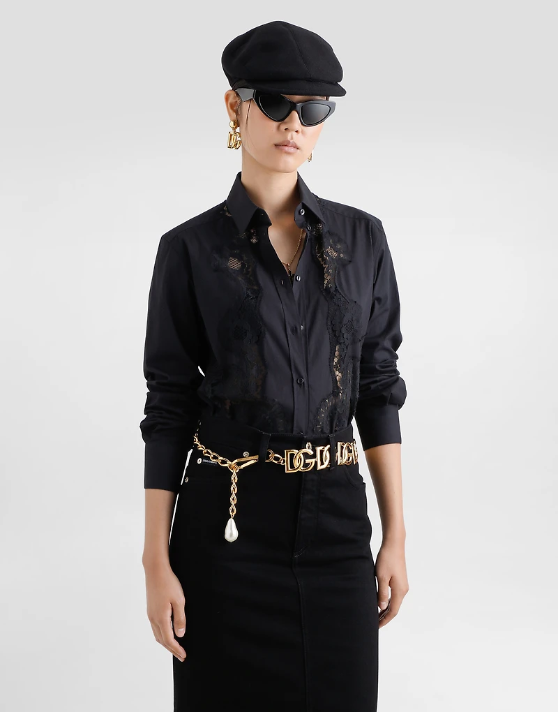 Cotton poplin shirt with lace inlay