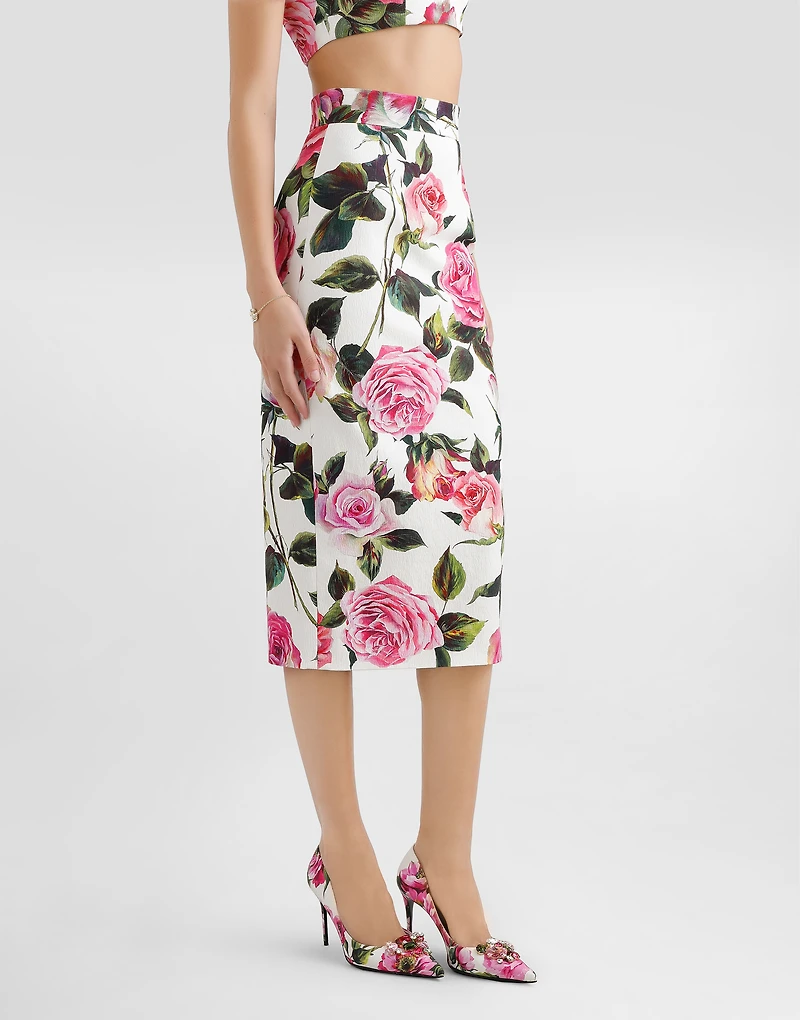 Rose-print cotton jacquard calf-length skirt