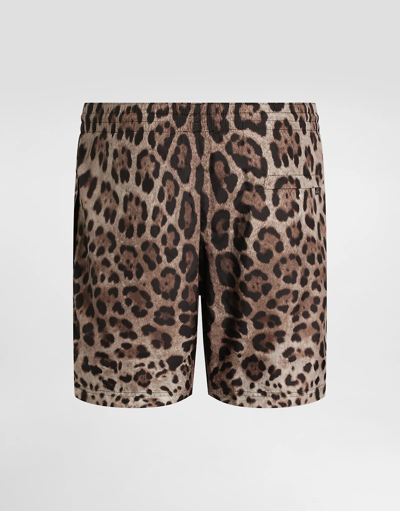 Mid-length swim trunks with leopard print