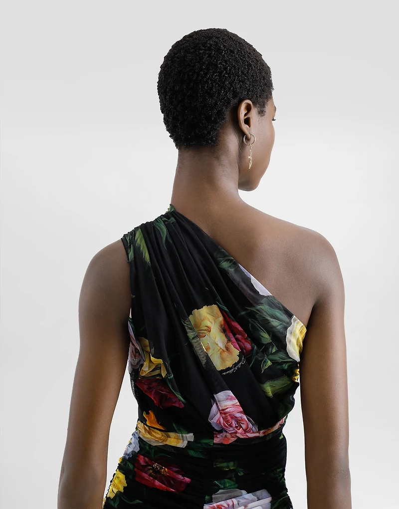 Tulle one-shoulder calf-length dress with peony and rose print
