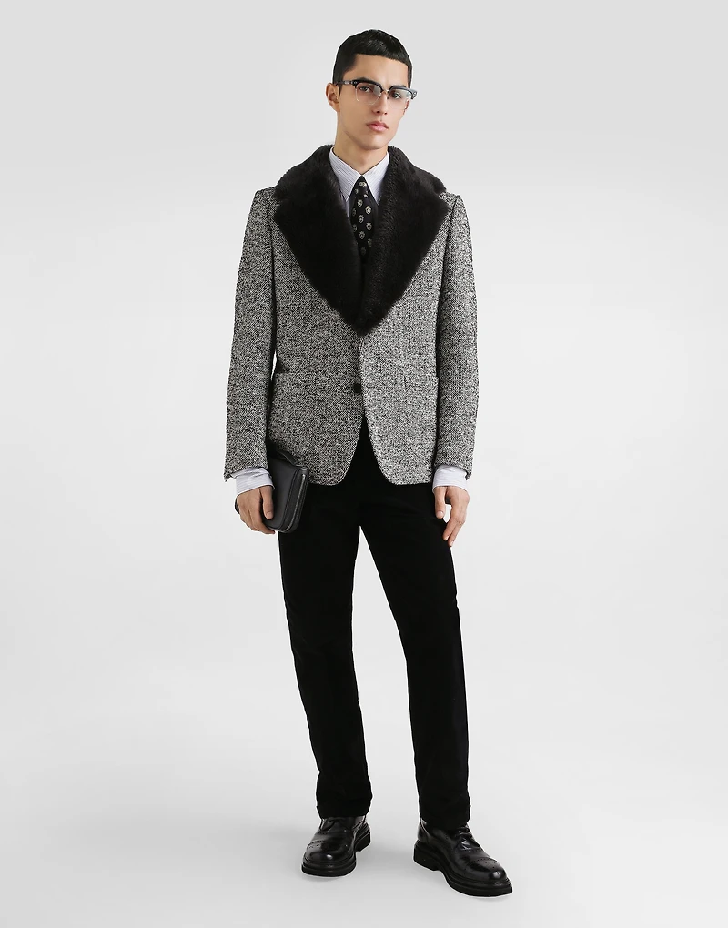 Single-breasted dotted wool jacket with fur collar