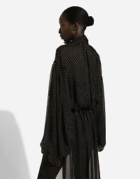 Long silk chiffon dress with polka-dot print, a pussy-bow detail and flower on neck