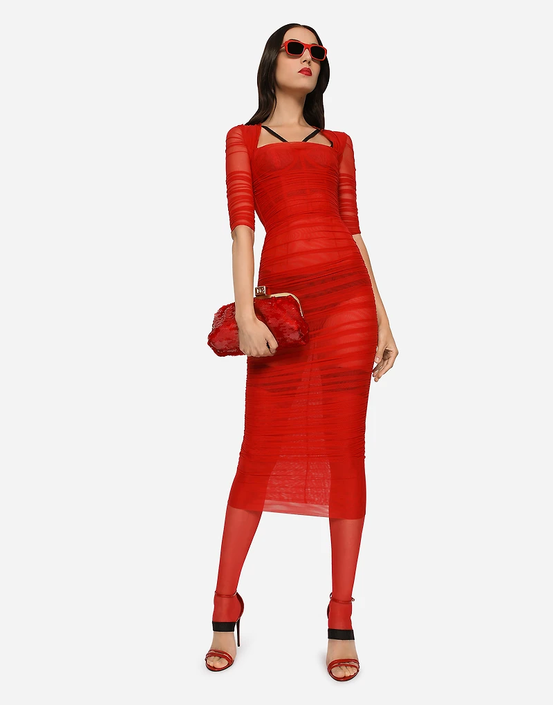 Tulle calf-length dress with draping