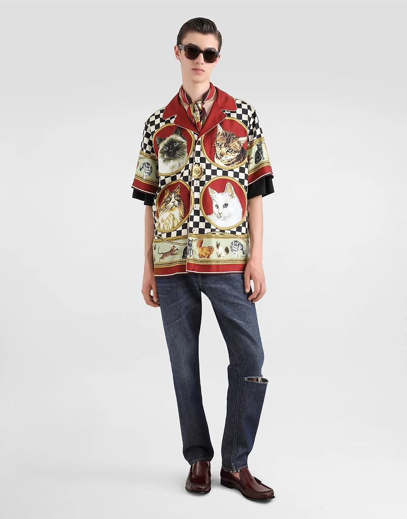 Silk shirt with cat print