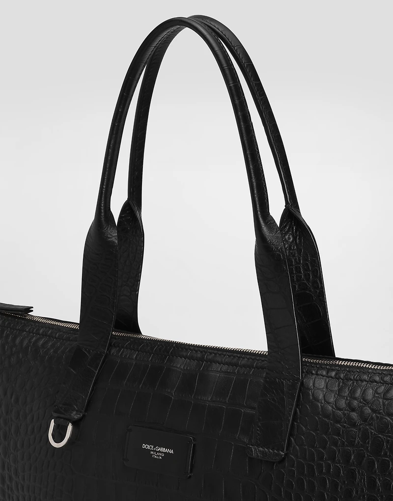 Large crocodile-print calfskin shopper