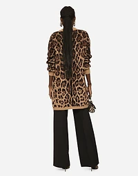 Long wool and cashmere cardigan with jacquard leopard design