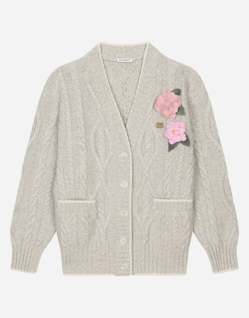 Cable-knit cardigan with DG logo and floral detailing