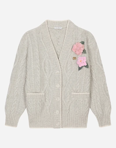 Cable-knit cardigan with DG logo and floral detailing