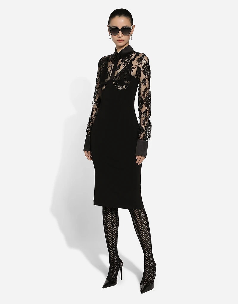 Calf-length jersey and lace dress with corset details