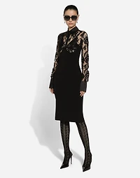 Calf-length jersey and lace dress with corset details