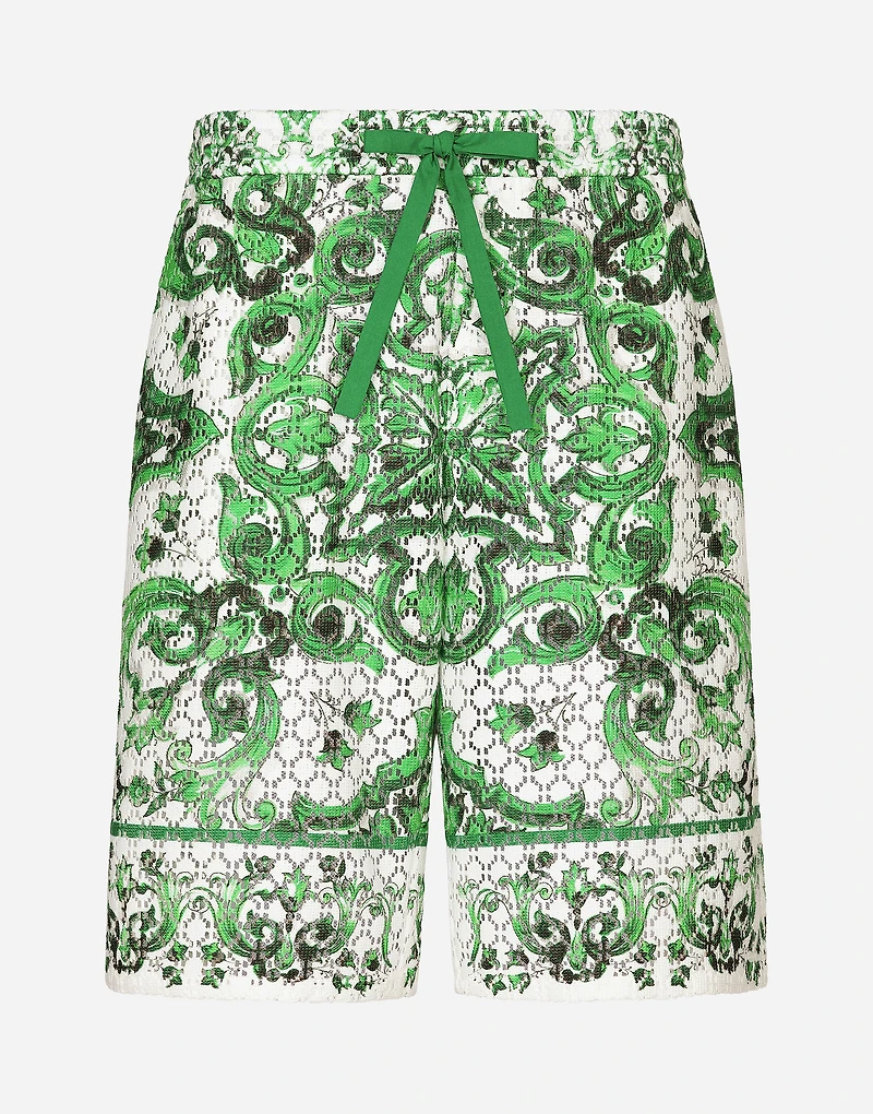 Crochet lace jogging shorts with majolica print
