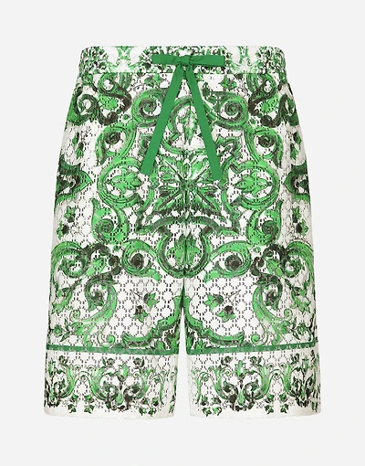 Crochet lace jogging shorts with majolica print