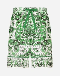 Crochet lace jogging shorts with majolica print