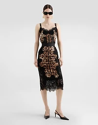 Leopard-print satin midi skirt with lace inserts