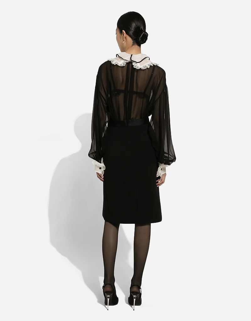 Wool midi pencil skirt with satin waistband