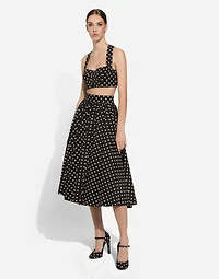Cotton calf-length circle skirt with polka-dot print