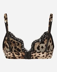 Leopard-print soft-cup satin bra with lace detailing