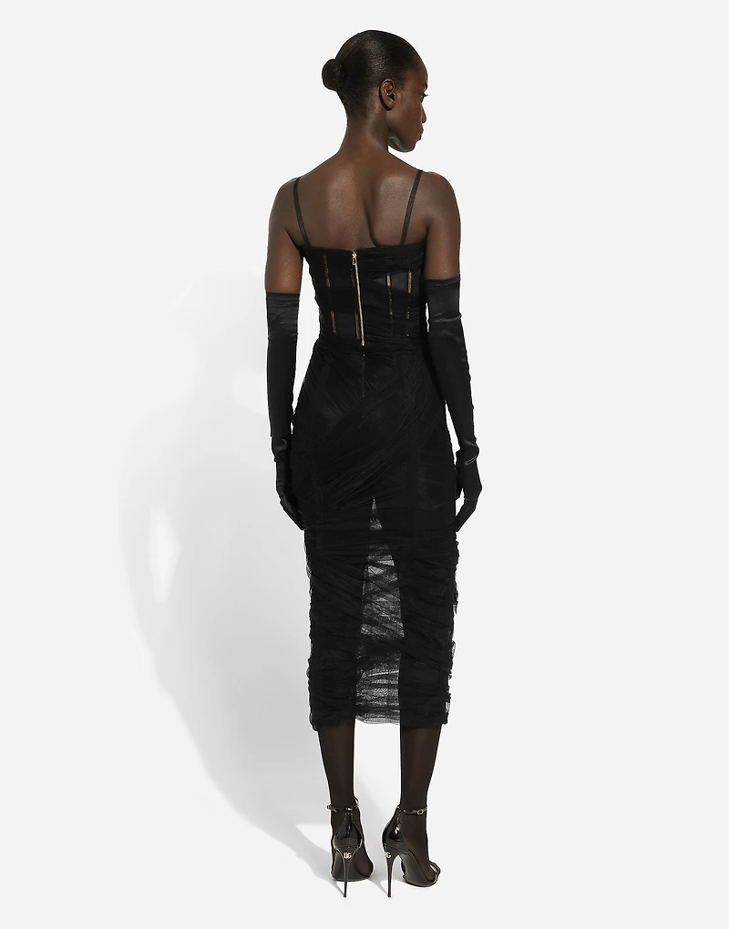 Tulle calf-length corset dress with draping