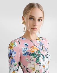 Charmeuse calf-length sheath dress with floral print