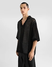 Short-sleeved cotton crochet polo-shirt