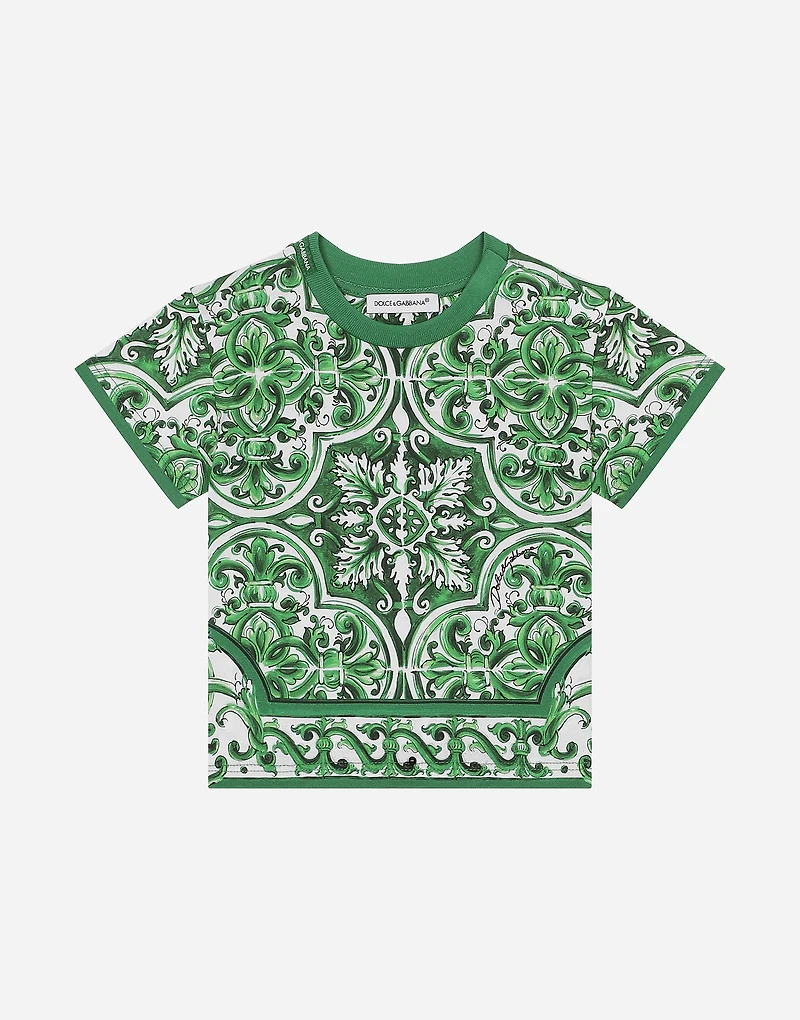 Jersey T-shirt with all-over green majolica print