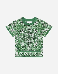 Jersey T-shirt with all-over green majolica print