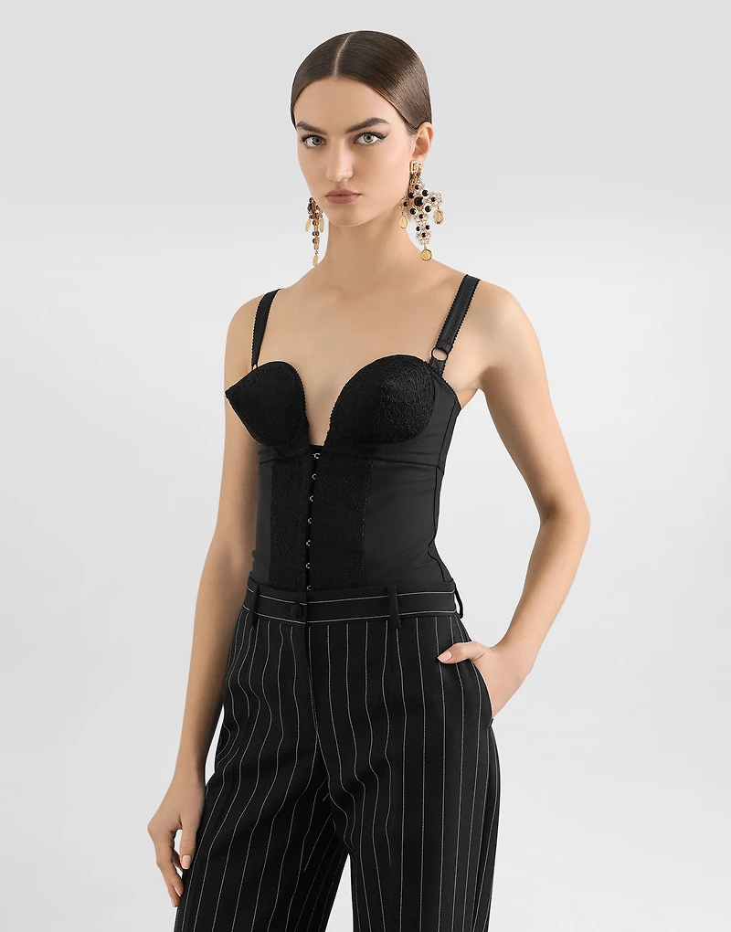 Lace and elasticated fabric bodysuit with deep neckline conical cups