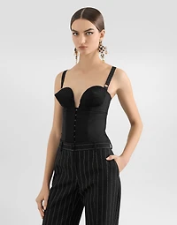 Lace and elasticated fabric bodysuit with deep neckline conical cups
