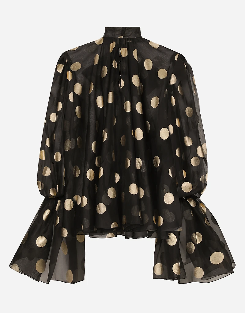 Silk organza jacquard blouse with polka-dot design and pussy-bow