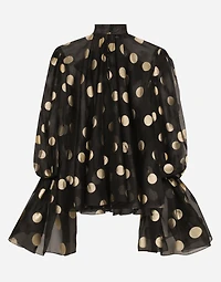 Silk organza jacquard blouse with polka-dot design and pussy-bow